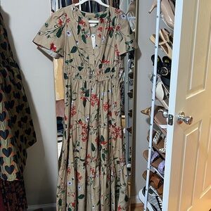 Anthropologie Tan Floral Midi Dress